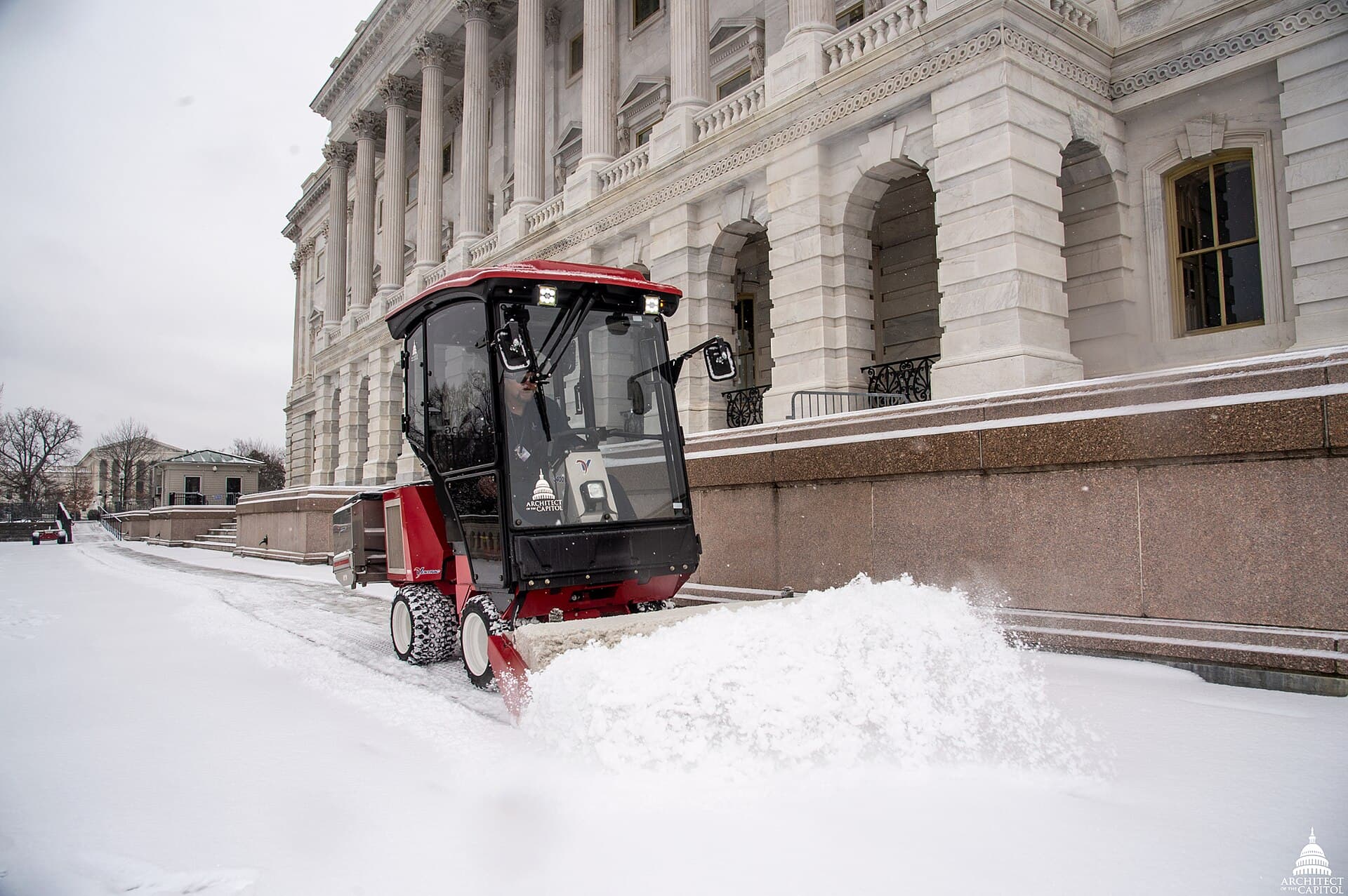 AOC crew members remove snow at the U.S. Capitol on February 1, 2019. This official Architect of the Capitol photograph is being made available for educational, scholarly, news or 