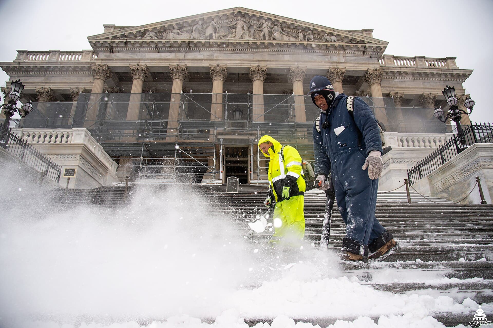 AOC crew members remove snow at the U.S. Capitol on February 1, 2019. This official Architect of the Capitol photograph is being made available for educational, scholarly, news or 