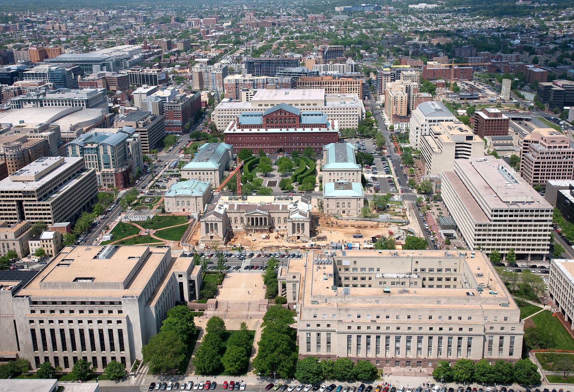 Aerial view of the National Building Museum and surrounding Judiciary Square neighborhood in Washington, D.C.
