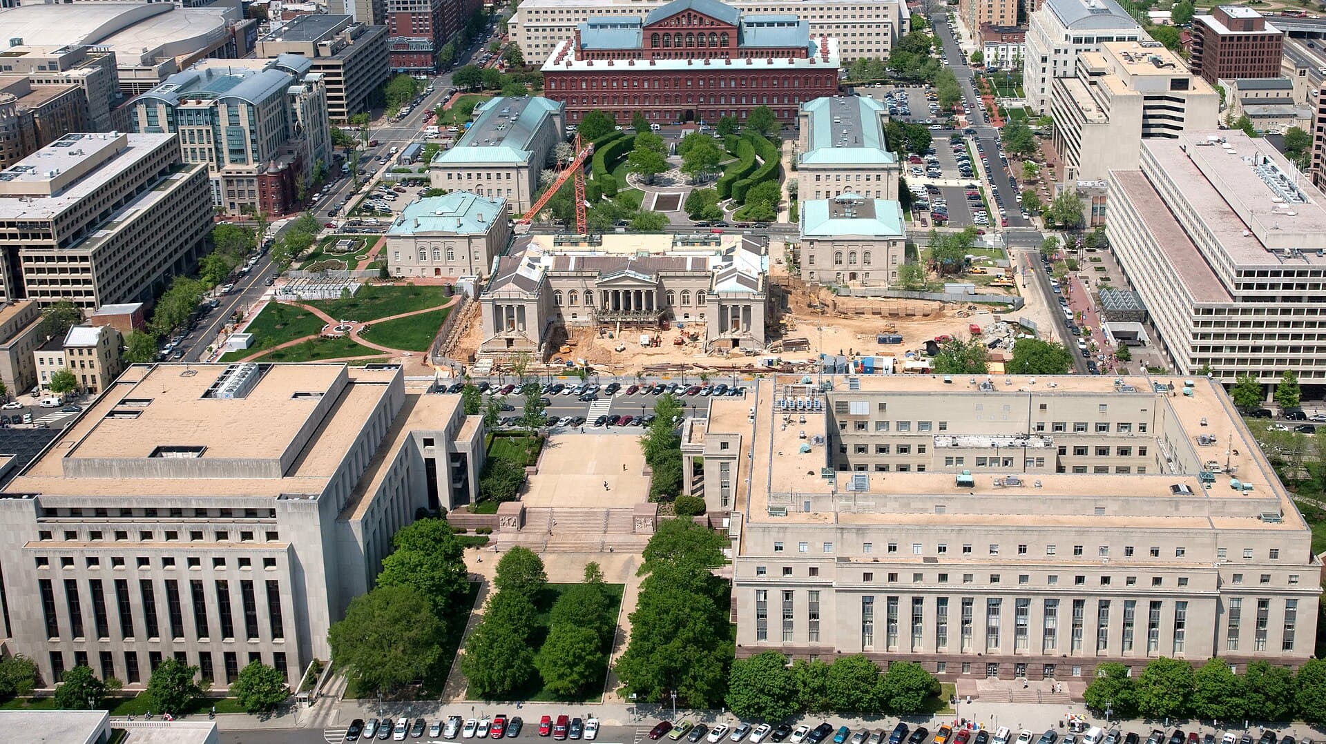Aerial view of the National Building Museum and surrounding Judiciary Square neighborhood in Washington, D.C.