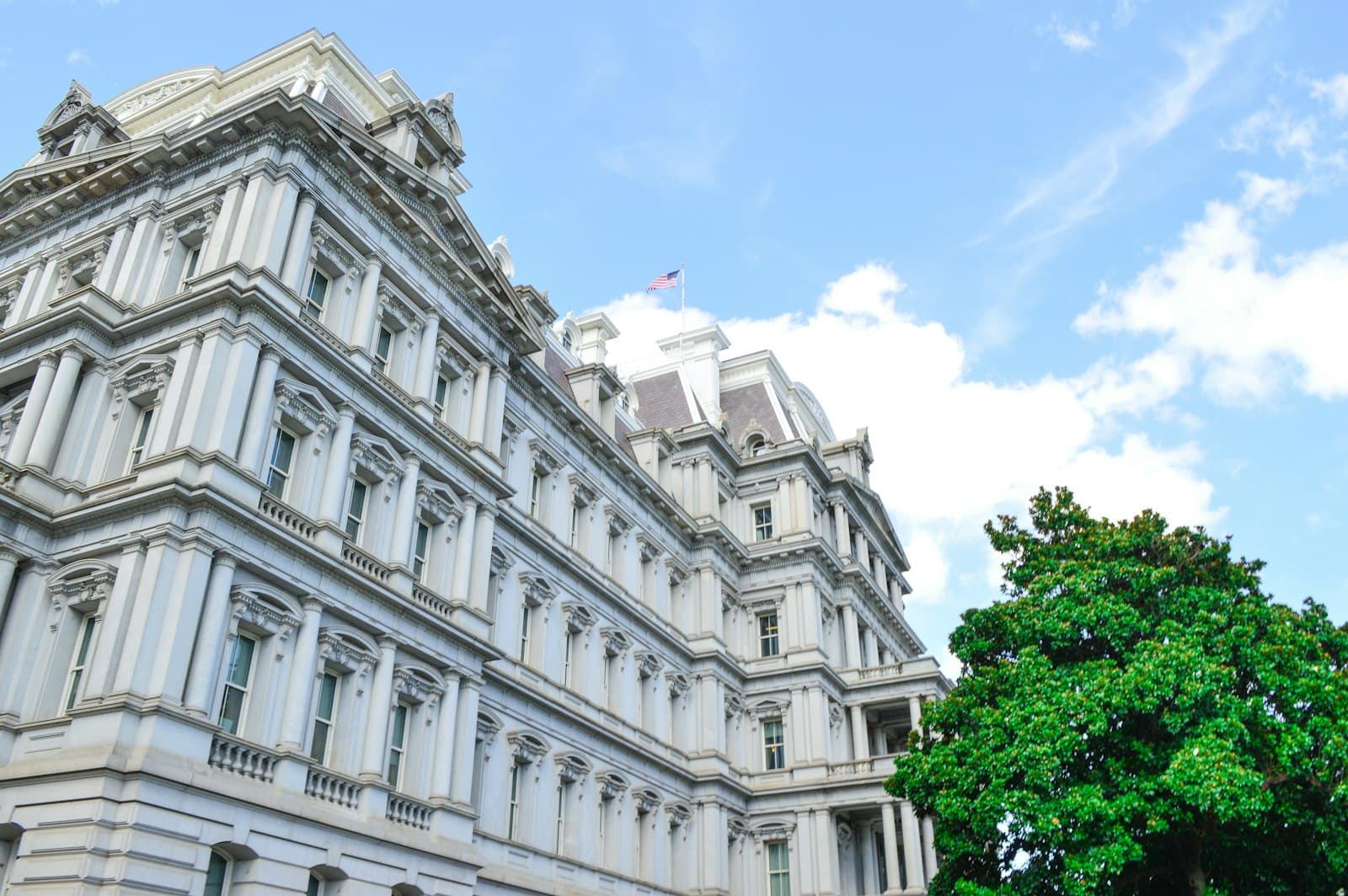 a large white building with a tree in front of it